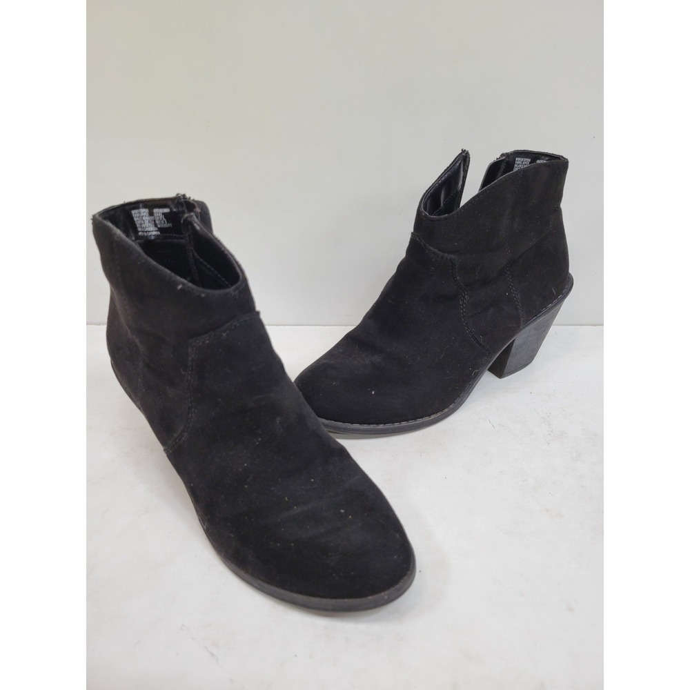 Faded Glory Womens 6.5 Black Suede Ankle Boots Western Booties Block Heel Zip